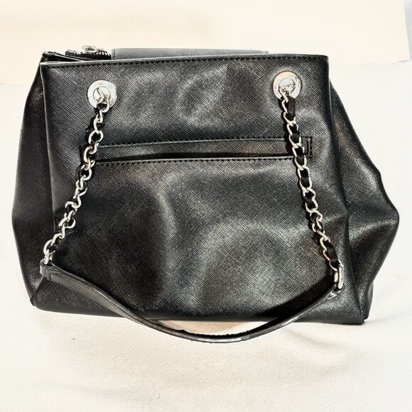 GUESS Black Double Handle Satchel Chain Straps Shoulder bag 3 Compartment Purse - Picture 3 of 11